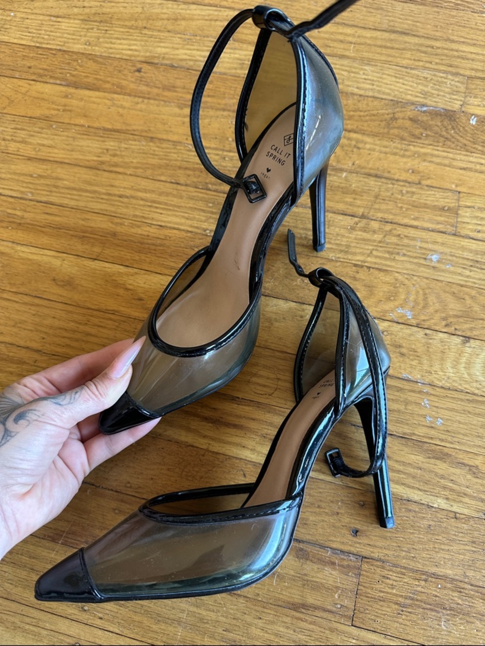 Black Clear Pointed Toe Ankle Strap Heels